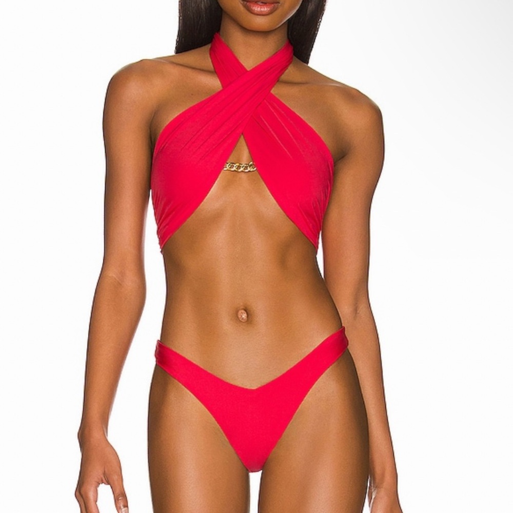 X Revolve chain wrap bikini, ruched bikini bottom